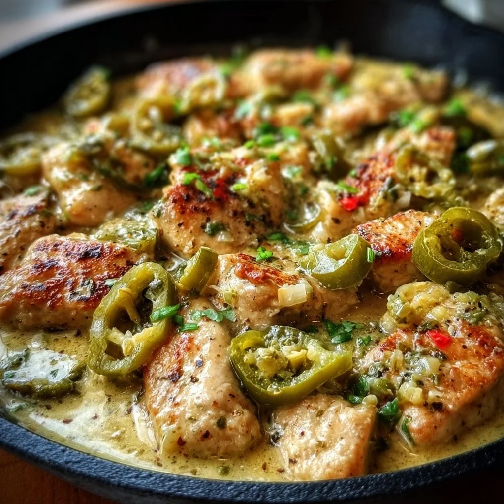 Creamy pepperoncini chicken skillet served with herbs and spices.