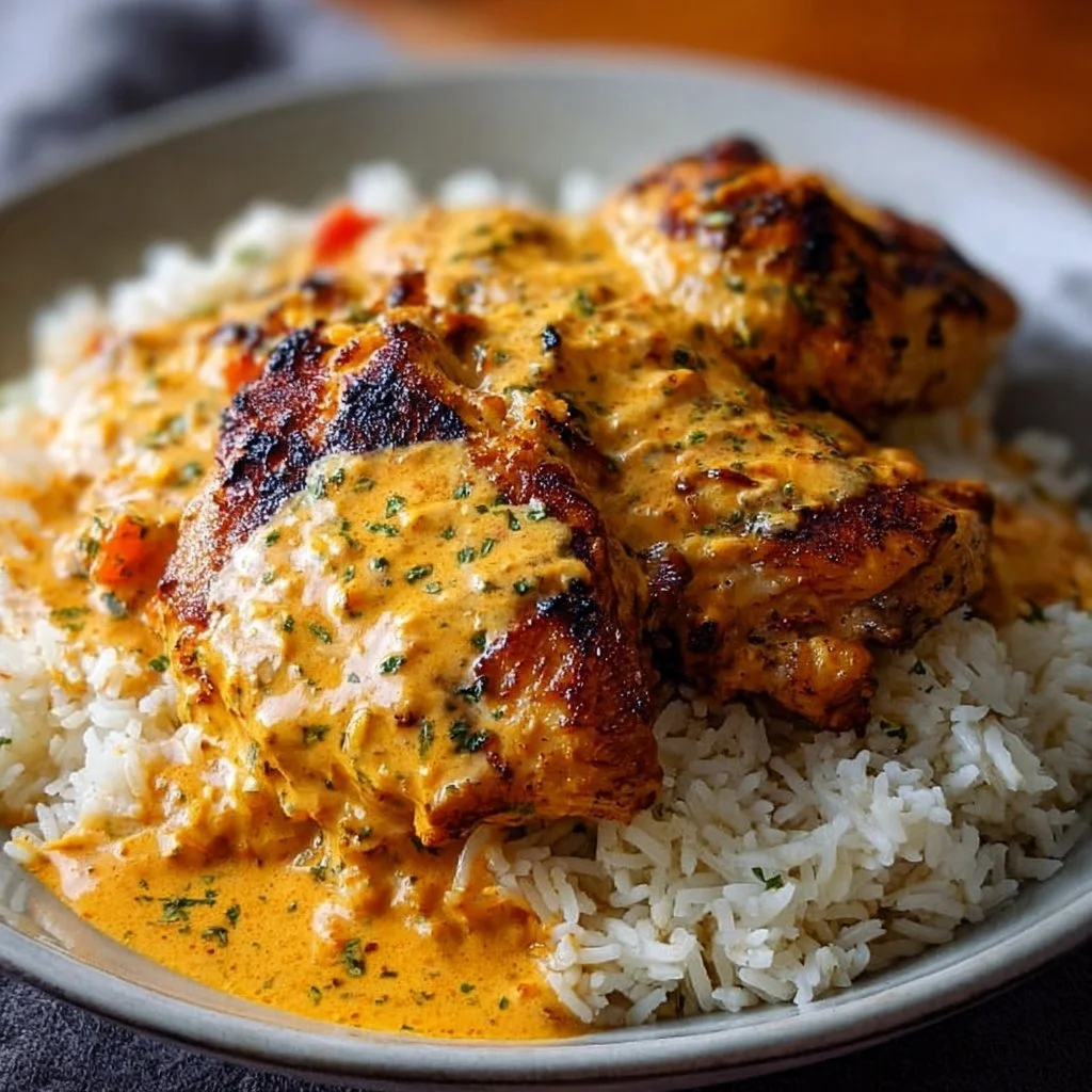 Creamy peri-peri chicken served with rice in a delicious foodie dish