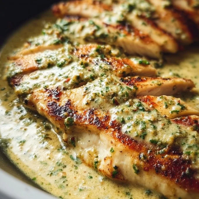 Delicious creamy pesto chicken served on a plate with fresh basil.