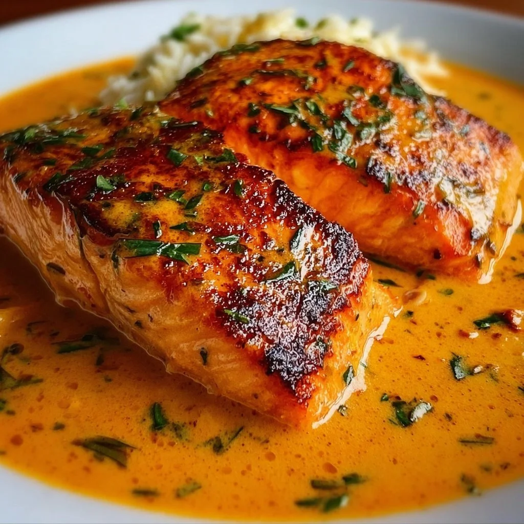 Creamy roasted red pepper salmon dish served with fresh herbs
