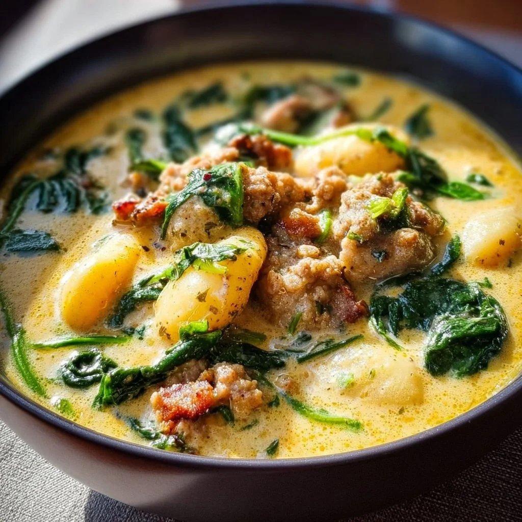 Bowl of creamy sausage gnocchi soup with spinach and herbs