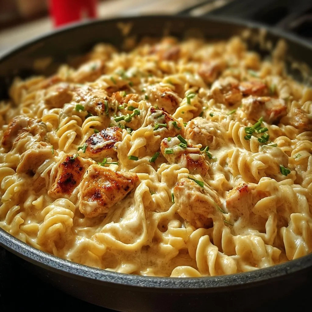 Creamy smoky white cheddar honey butter chicken pasta skillet dish