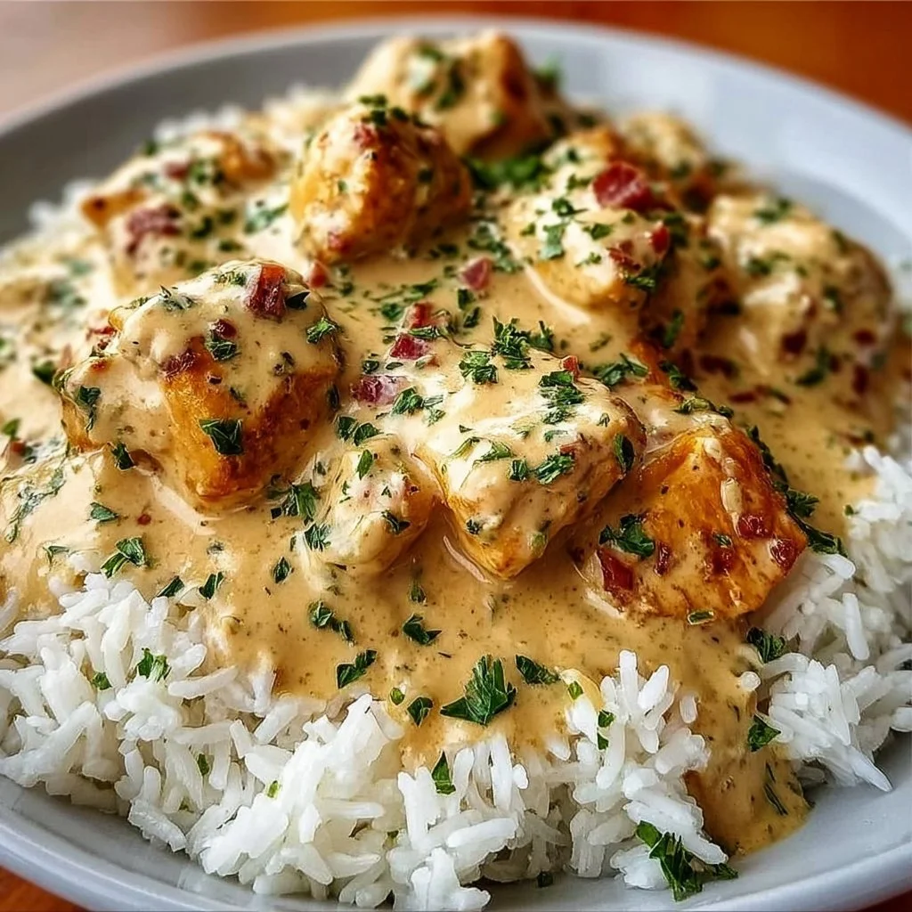 Delicious creamy smothered chicken served over rice with garnishes