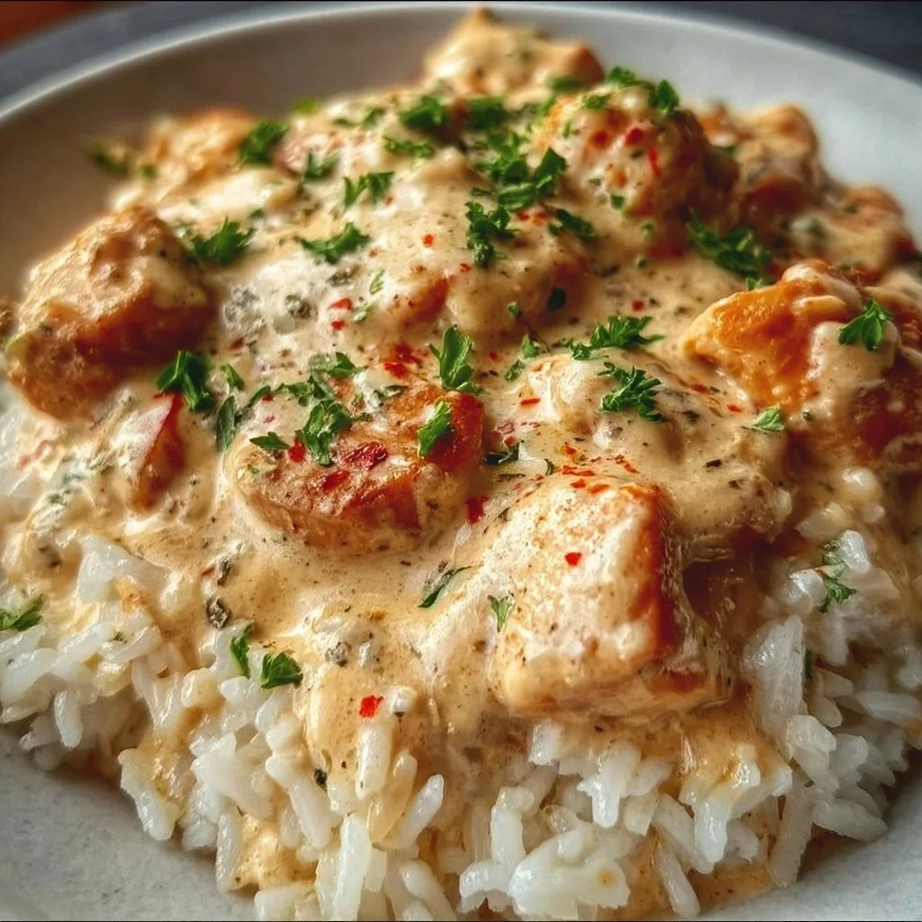 Creamy smothered chicken served over rice in a delicious sauce