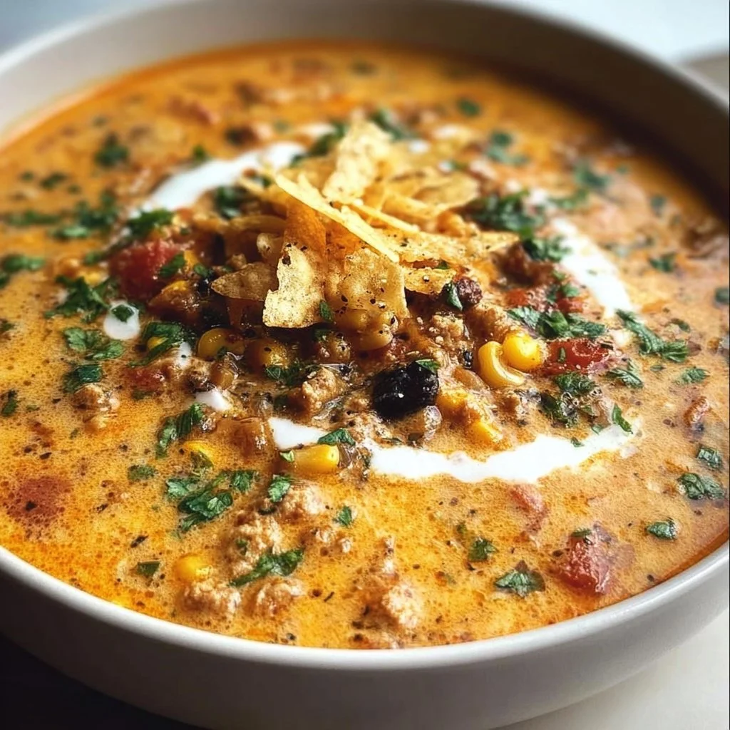 Creamy taco soup served in a bowl with toppings