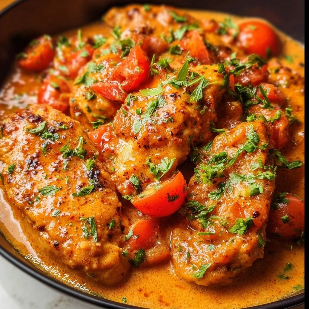 Creamy Tomato Chicken served with pasta and fresh herbs