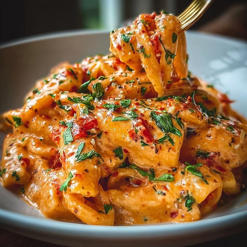 Creamy tomato garlic pasta dish topped with fresh herbs and grated cheese