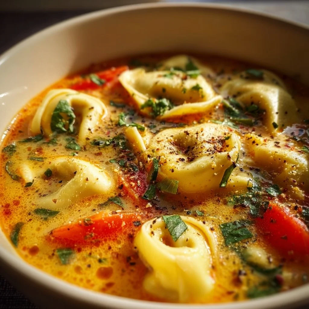 Creamy tortellini soup in a bowl garnished with fresh herbs and parmesan cheese.