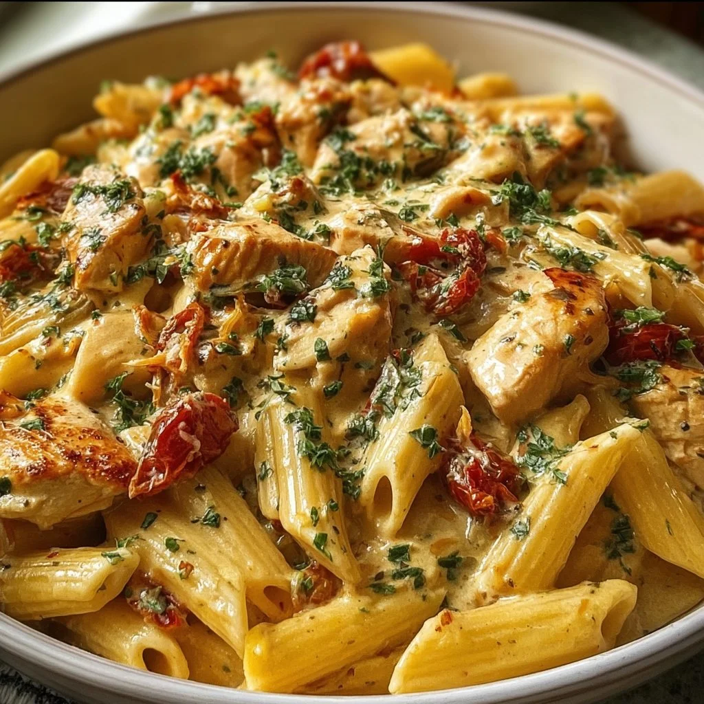 Creamy Tuscan chicken pasta garnished with fresh herbs