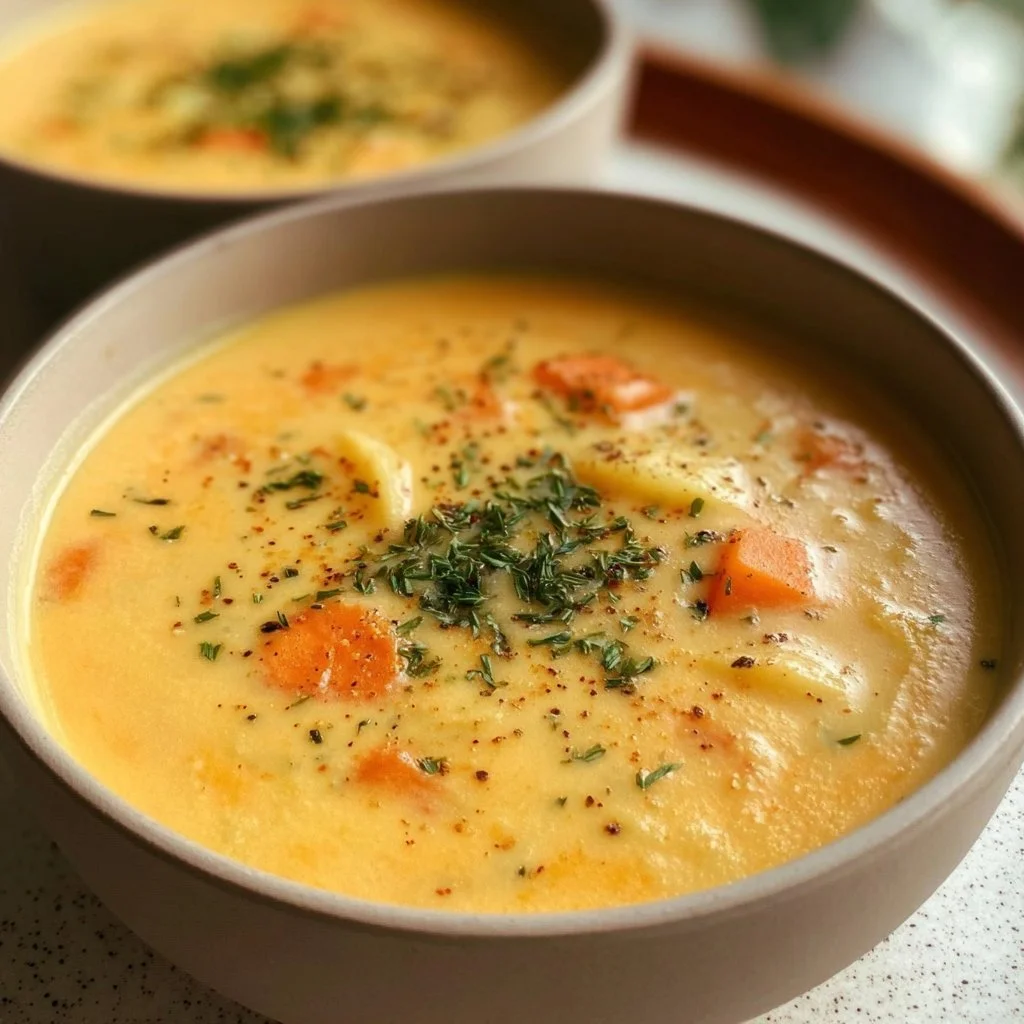Bowl of creamy vegan carrot potato soup garnished with fresh herbs