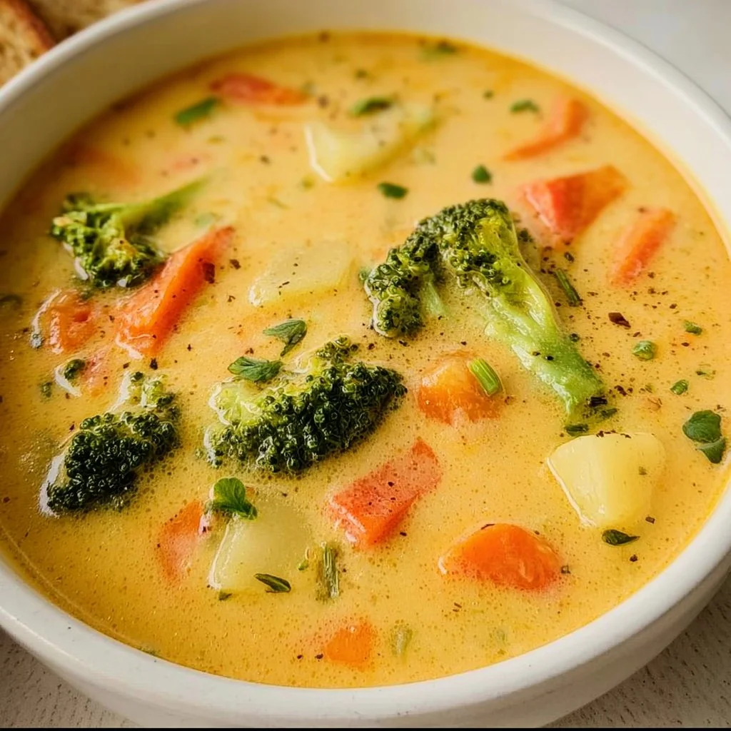 Bowl of creamy vegetable soup topped with fresh herbs and vegetables