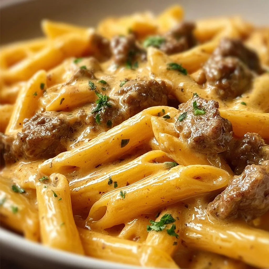 Creamy Velveeta Beef Stroganoff served with penne pasta in a bowl
