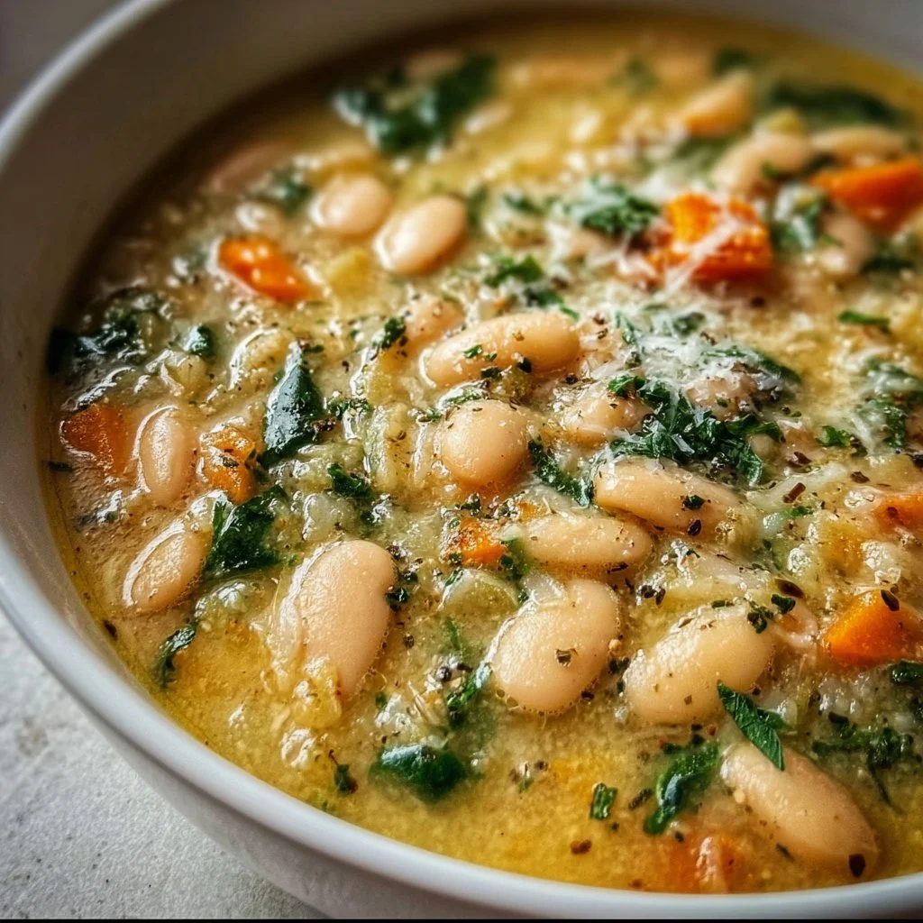 Bowl of creamy white bean soup garnished with herbs and served with crusty bread