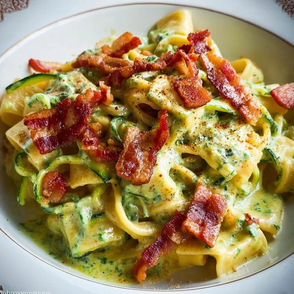 Creamy zucchini pasta with stracchino cheese and crispy pancetta