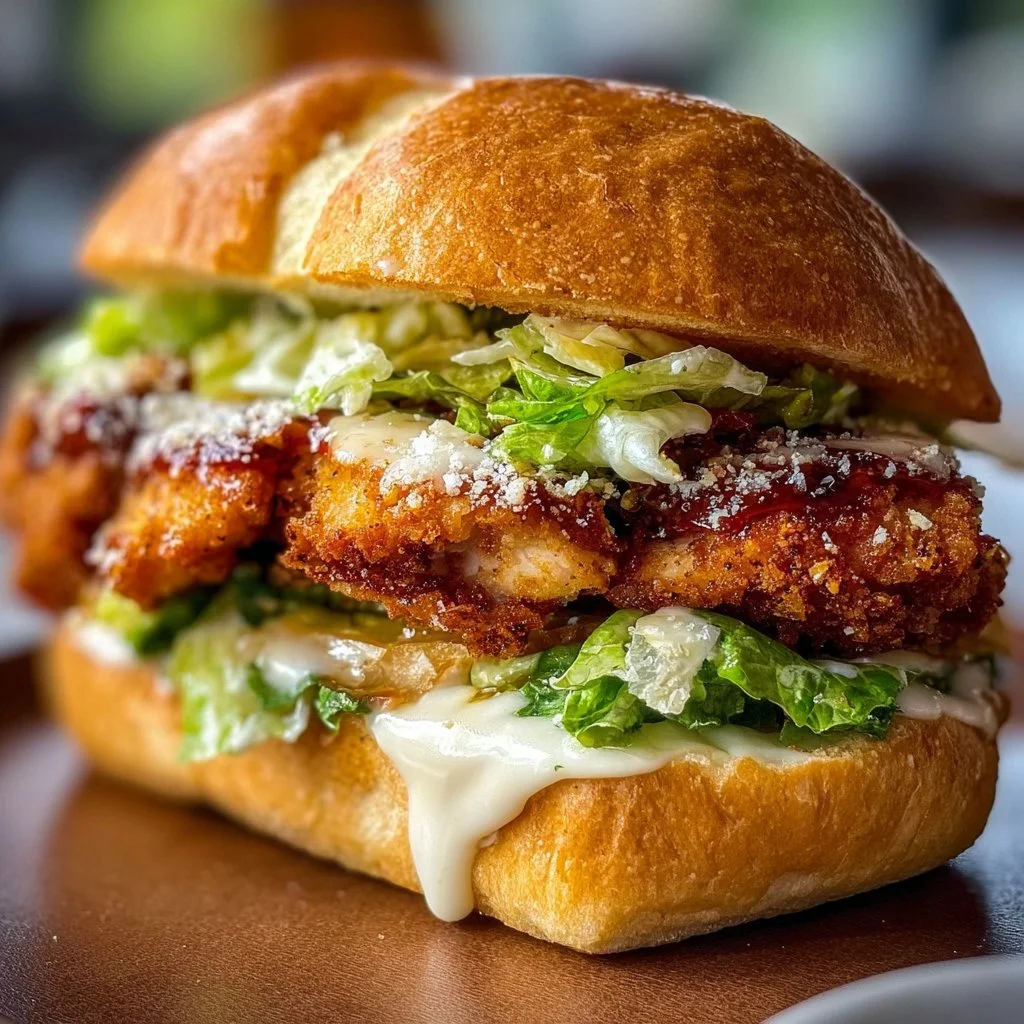 Crispy Chicken Caesar Sandwich with lettuce and Caesar dressing on a toasted bun