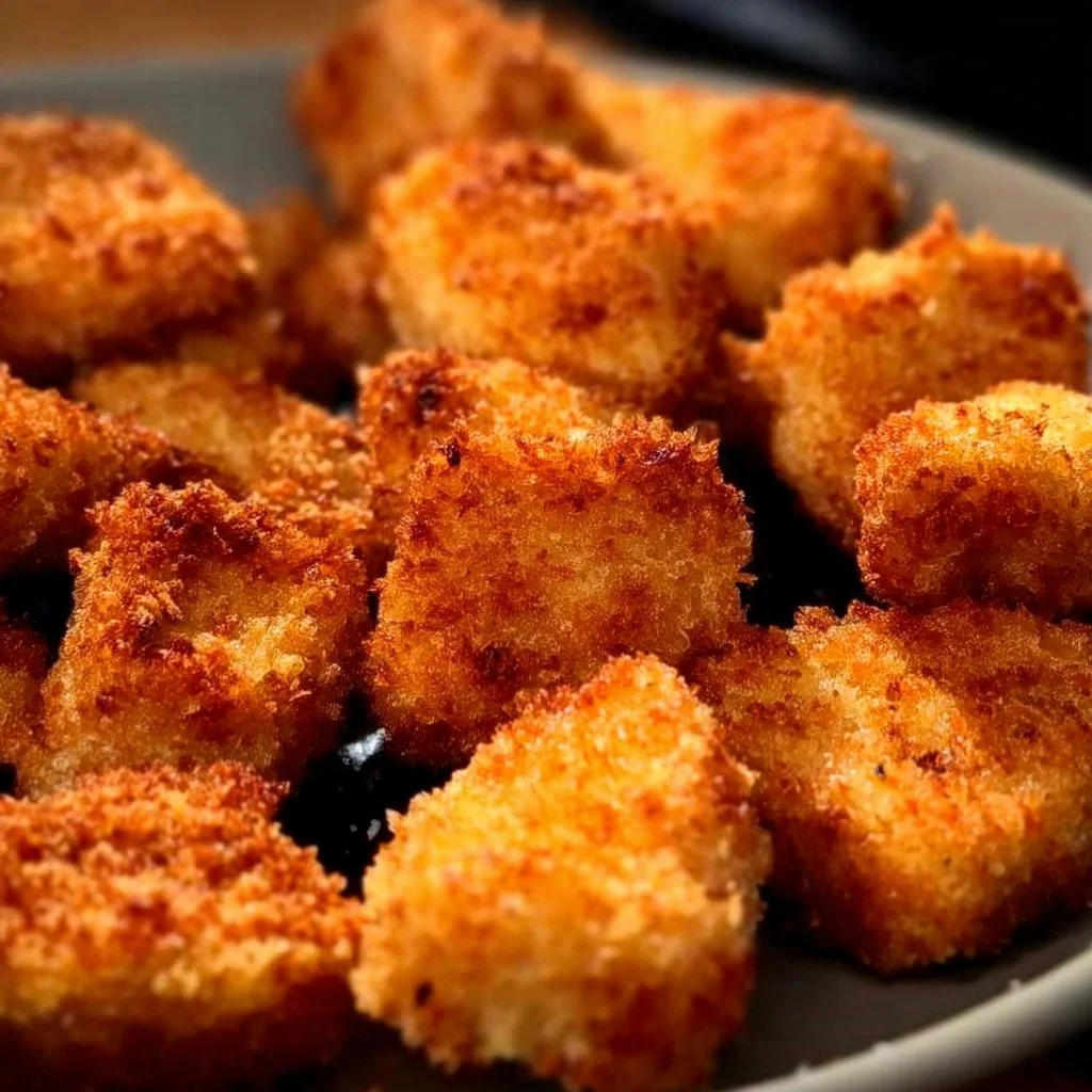 Crispy chicken nuggets served with dipping sauce on a plate.