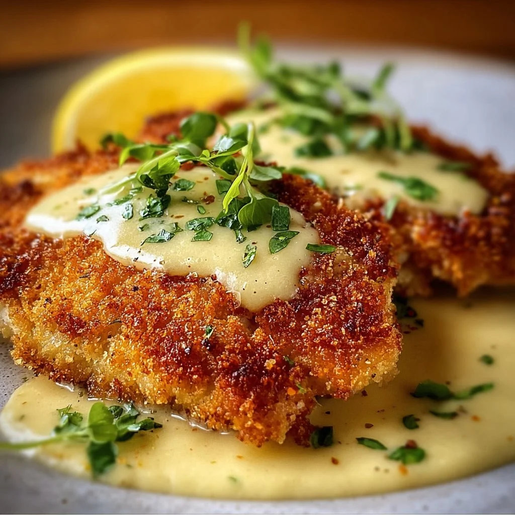 Crispy chicken with tangy pecorino crust and creamy lemon sauce served on a plate