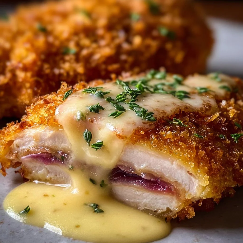Crispy and creamy Chicken Cordon Bleu served on a plate