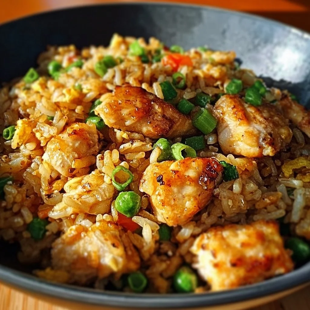 Crispy garlic chicken fried rice served in a bowl, garnished with green onions.