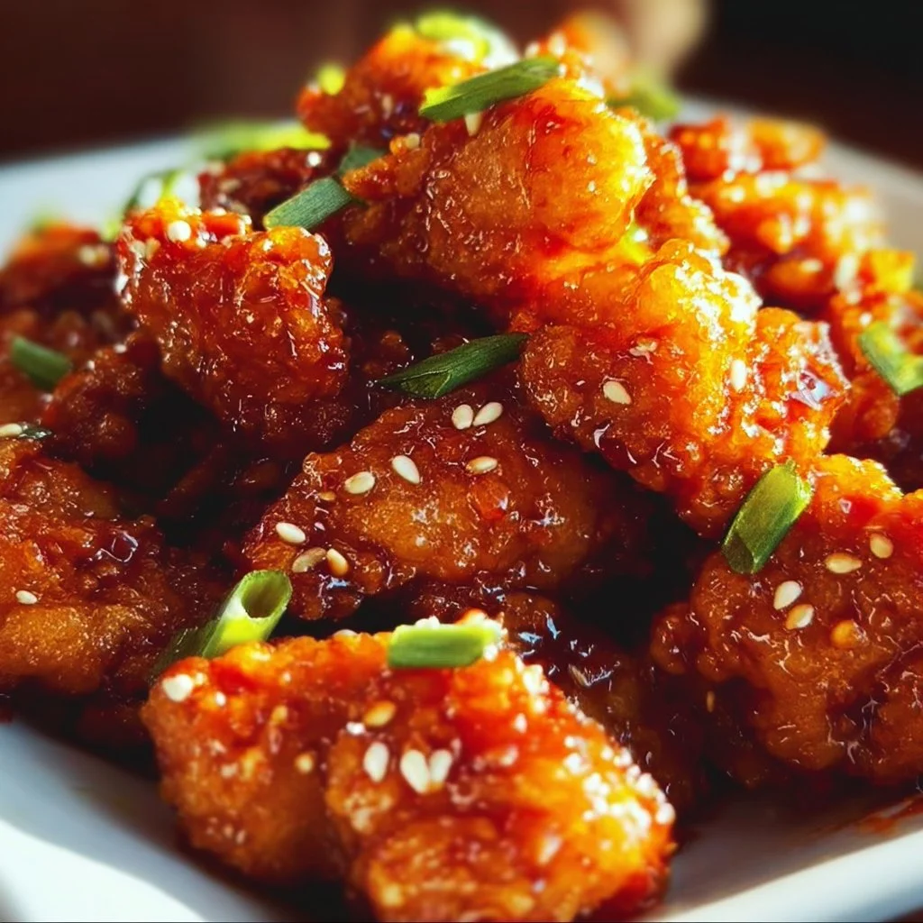 Plate of crispy honey sriracha chicken garnished with green onions
