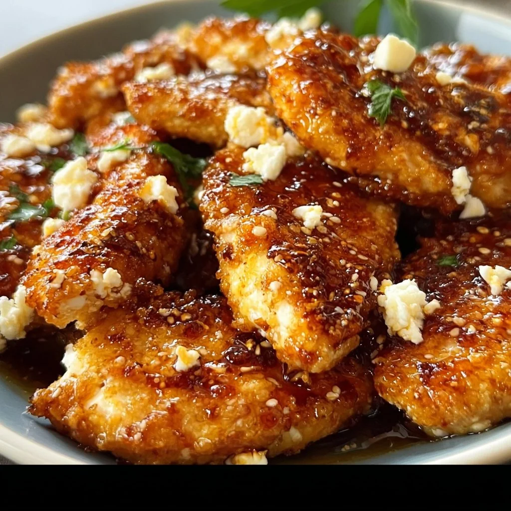 Crispy Hot Honey Feta Chicken garnished and ready to serve