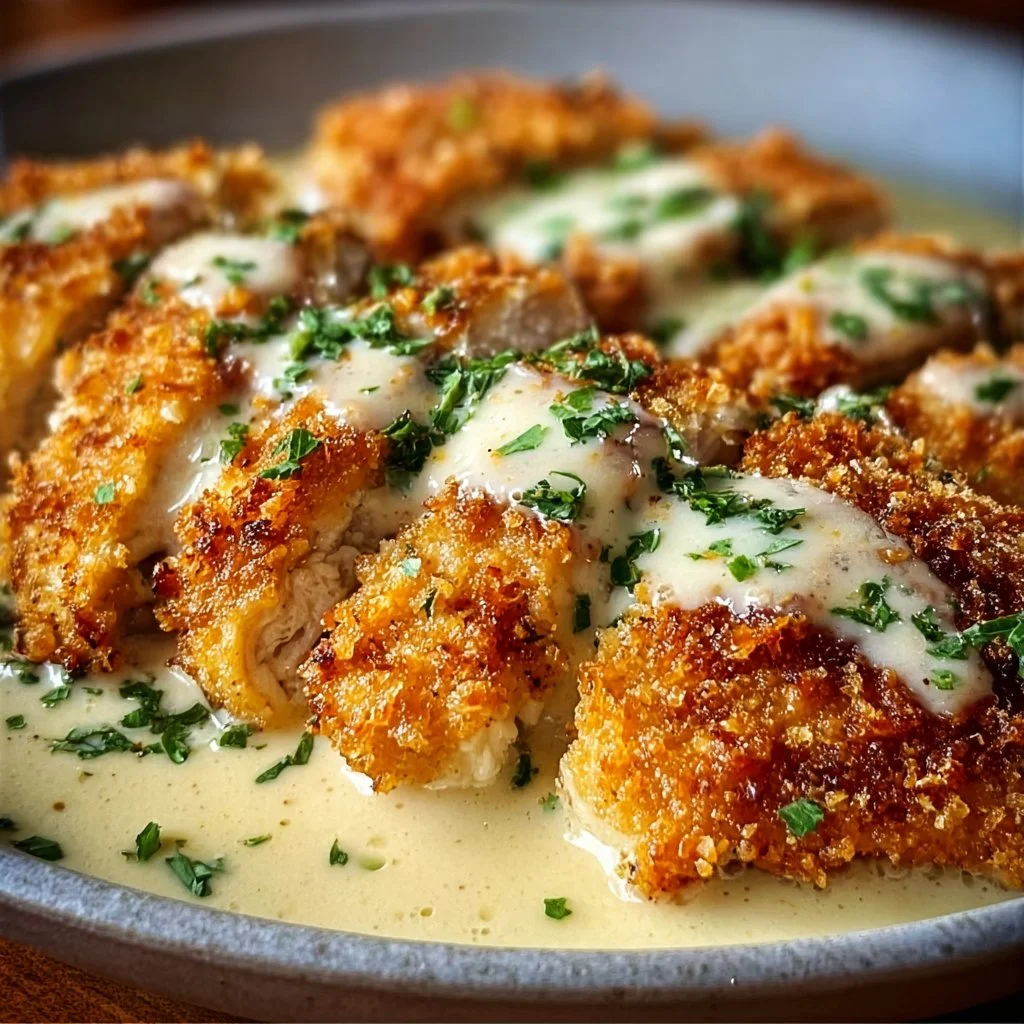 Crispy Parmesan Chicken served with creamy Alfredo sauce