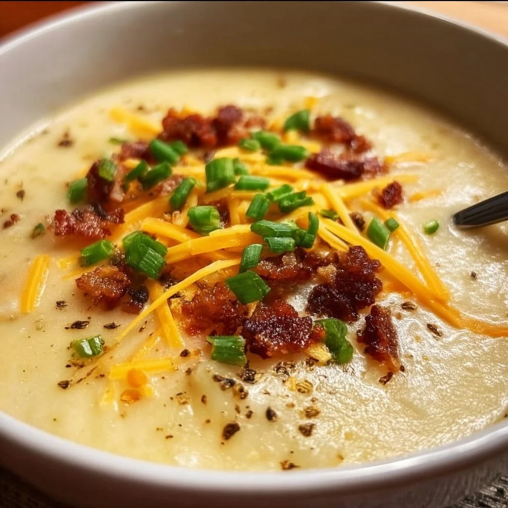 Crock Pot 4-Ingredient Potato Soup served in a bowl with herbs on top