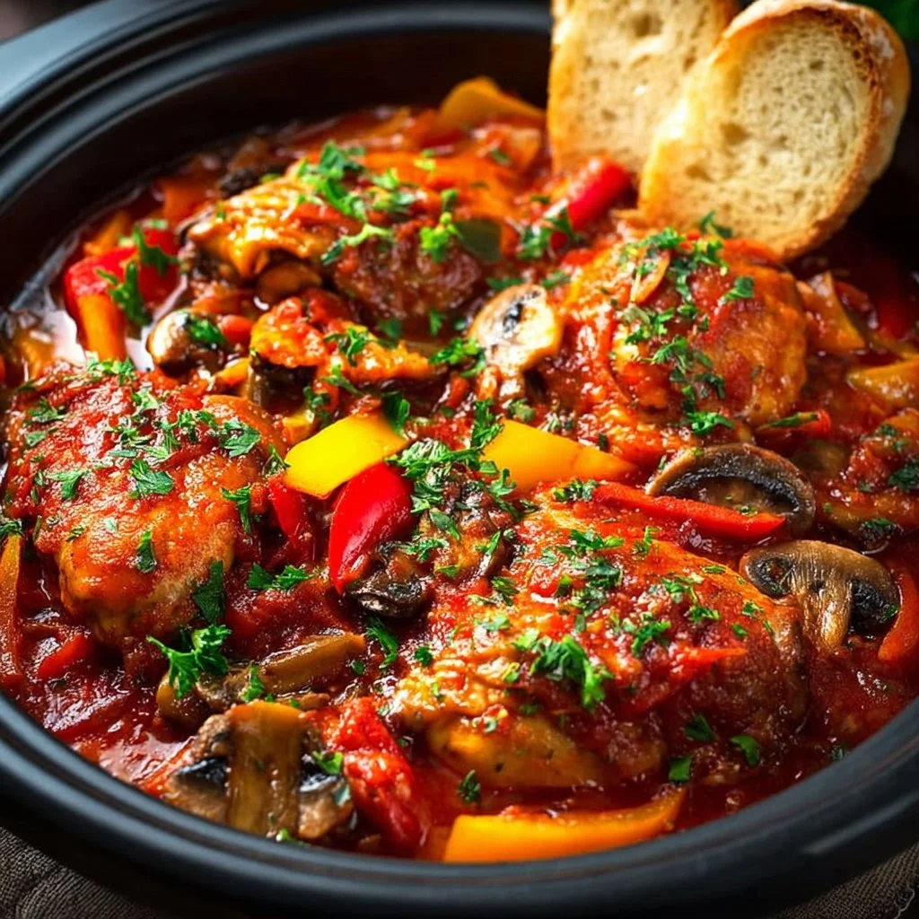 Crock Pot Chicken Cacciatore served with fresh herbs and vegetables