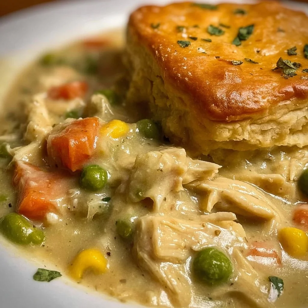 Delicious crock pot chicken pot pie served in a bowl with herbs