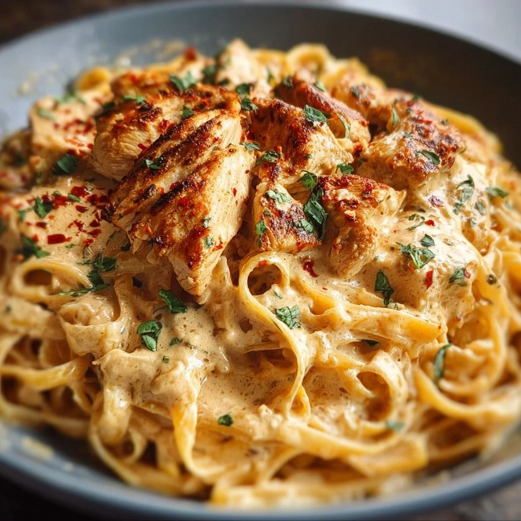 Delicious Crock Pot Creamy Cajun Chicken Pasta ready to serve.