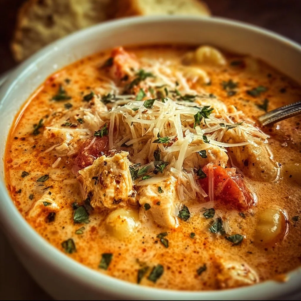 Bowl of creamy chicken parmesan soup made in a crock pot with herbs and cheese