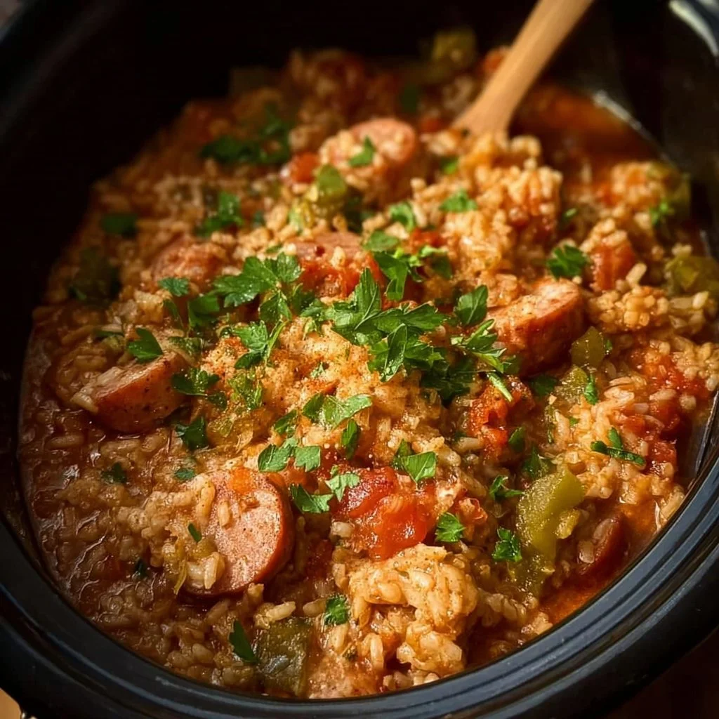 Delicious bowl of Crock Pot Jambalaya topped with fresh parsley