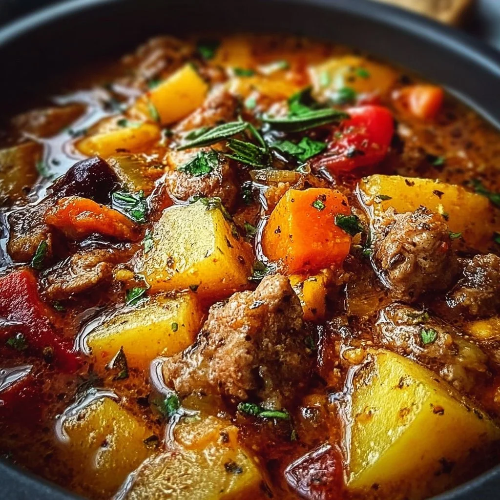 Crock Pot Shipwreck Stew in a bowl with fresh herbs on top, ready to serve.