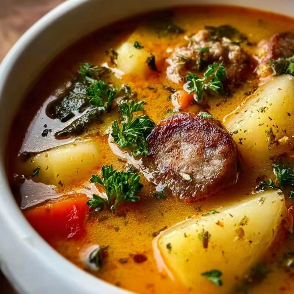 Crock Pot Soup with Sausage in a bowl, garnished with herbs.