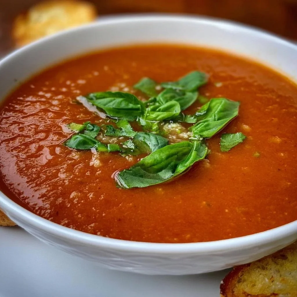 Delicious Crock Pot Tomato Basil Soup in a bowl with fresh basil leaves