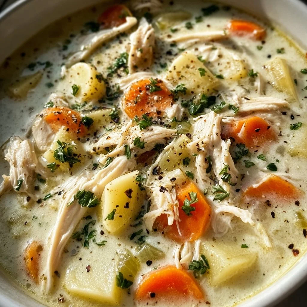 Crockpot Chicken Alfredo Soup in a bowl with fresh herbs on top.