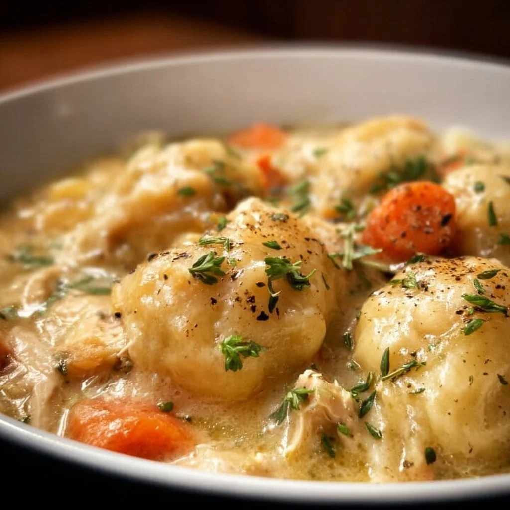 Delicious bowl of Crockpot Chicken and Dumplings ready to enjoy