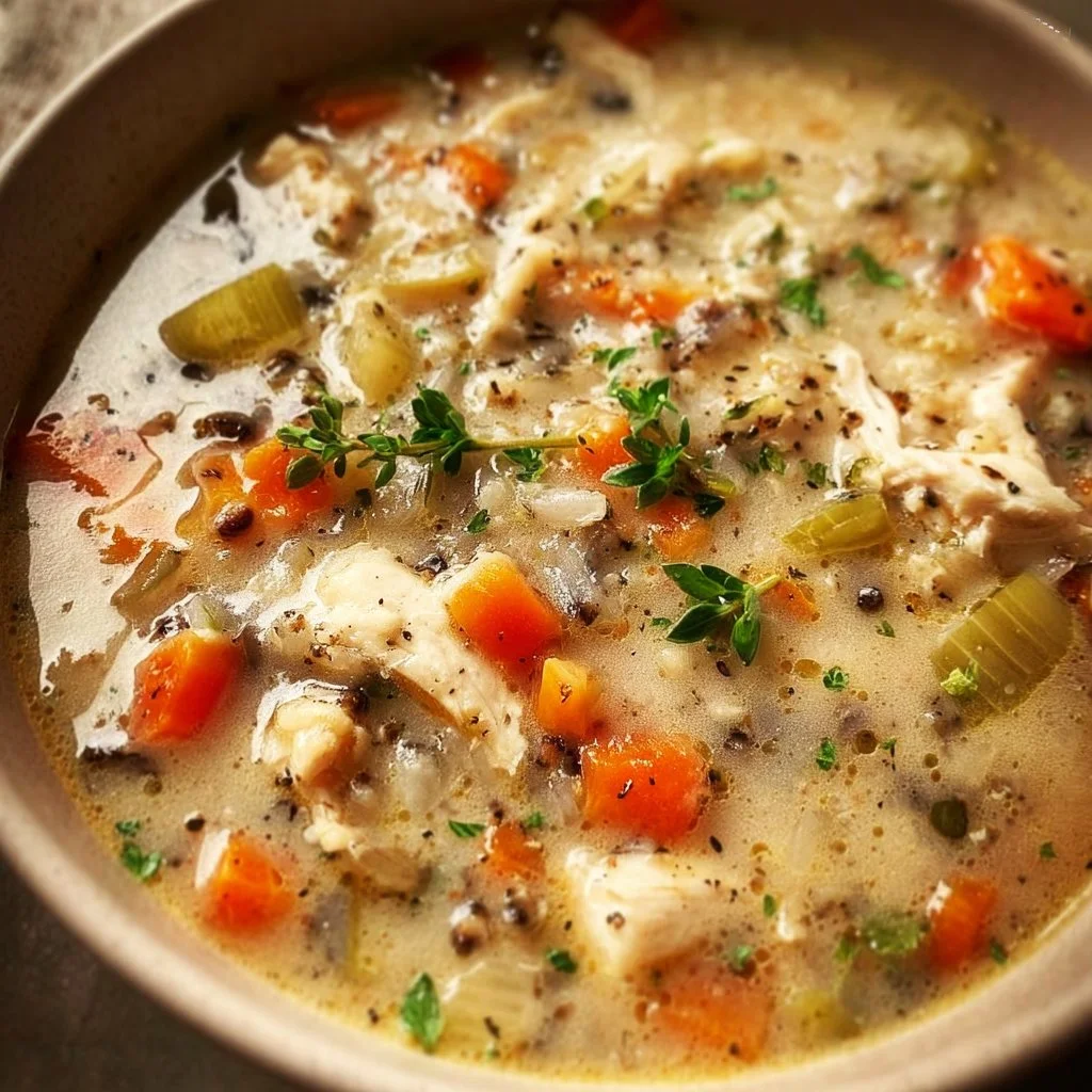 Crockpot Chicken and Wild Rice Soup in a bowl, garnished with herbs