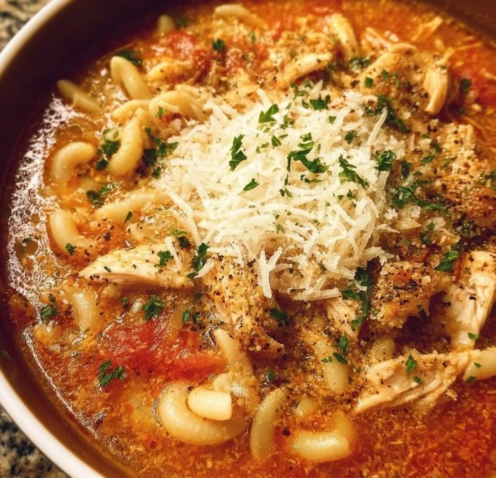 Bowl of Crockpot Chicken Parmesan Soup garnished with parsley and cheese