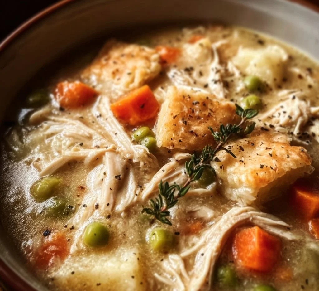 Crockpot Chicken Pot Pie Soup in a rustic bowl with fresh herbs