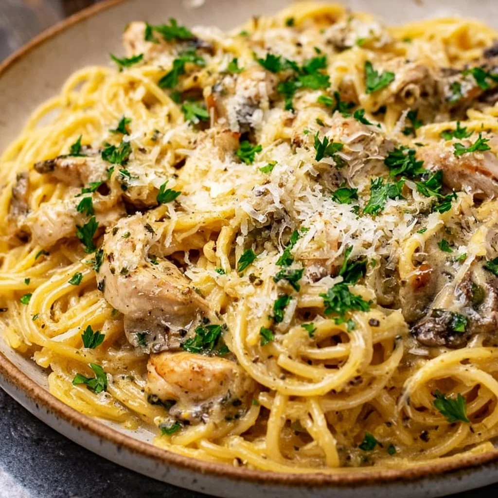 Delicious Crockpot Chicken Tetrazzini served in a bowl with pasta and chicken.