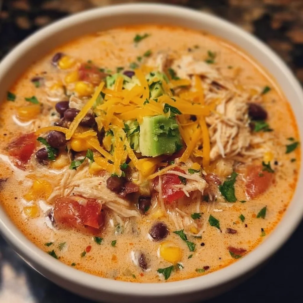 Bowl of Crockpot Creamy Chicken Taco Soup topped with cheese and cilantro.