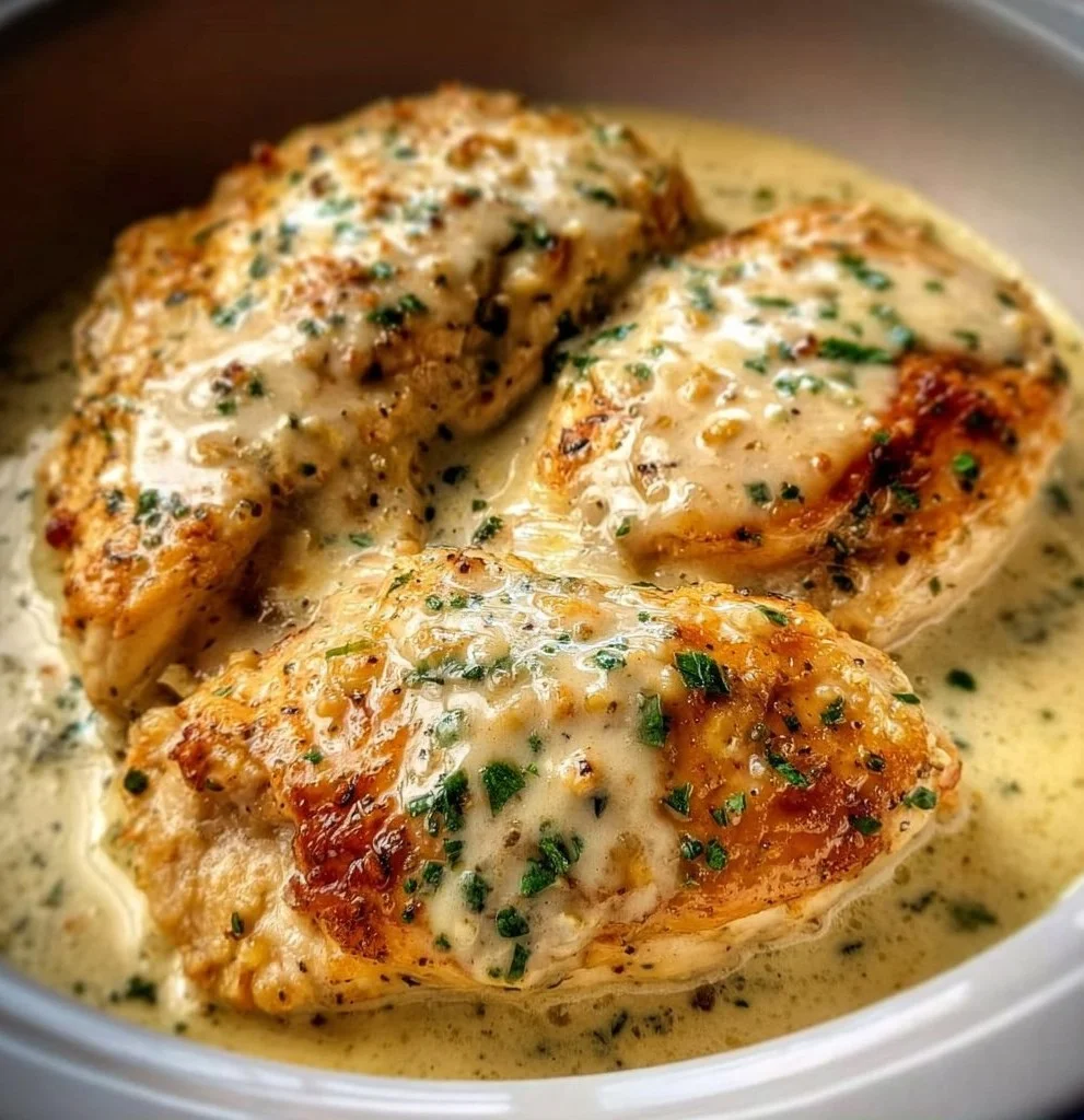 Crockpot Creamy Garlic Parmesan Chicken garnished with herbs