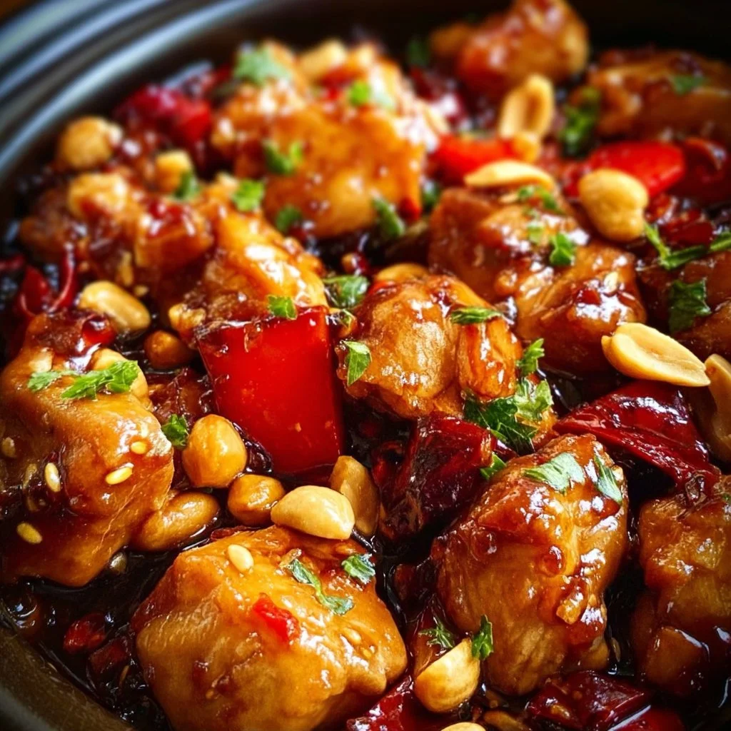 Crockpot Kung Pao Chicken served with rice and vegetables