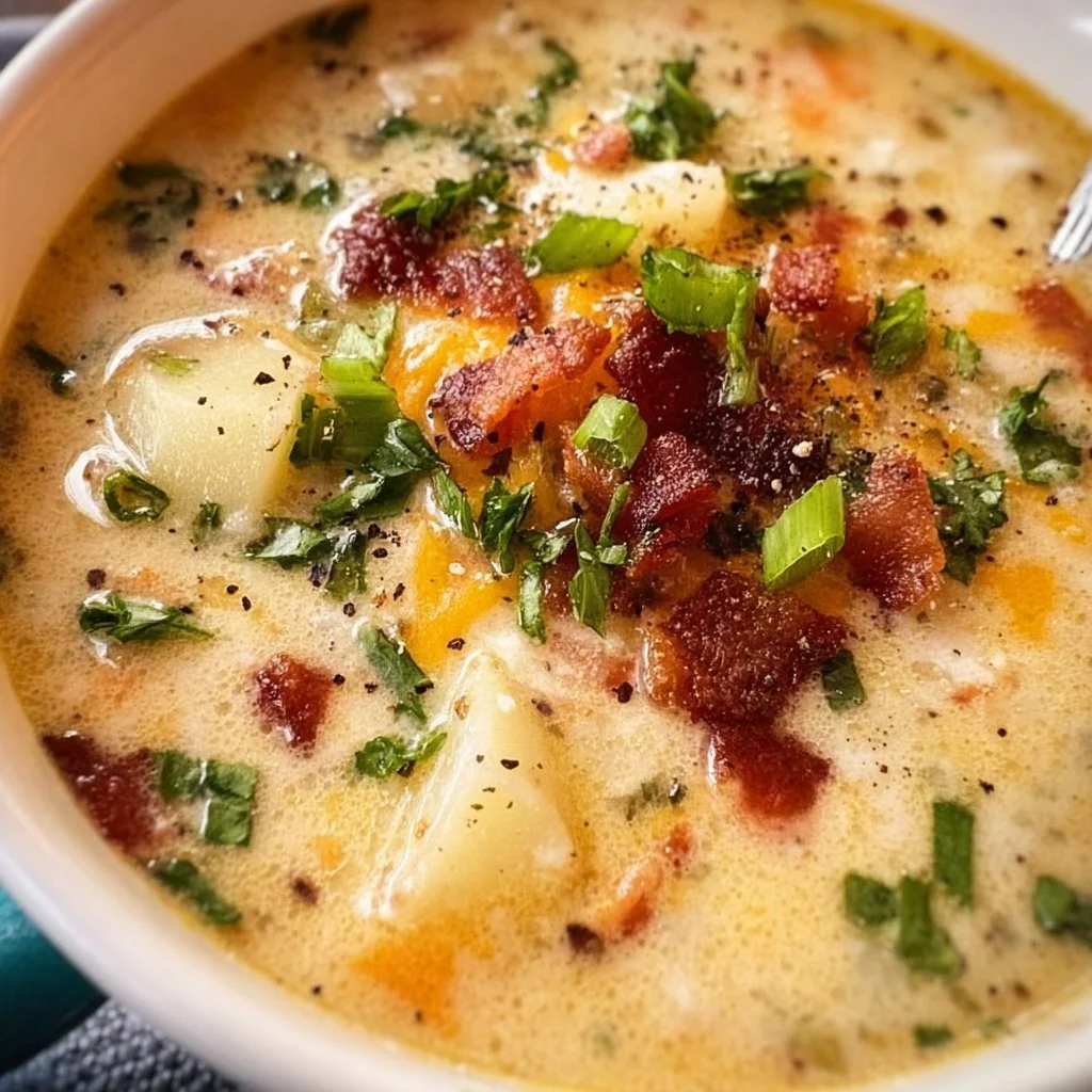 Bowl of creamy crockpot potato soup garnished with green onions