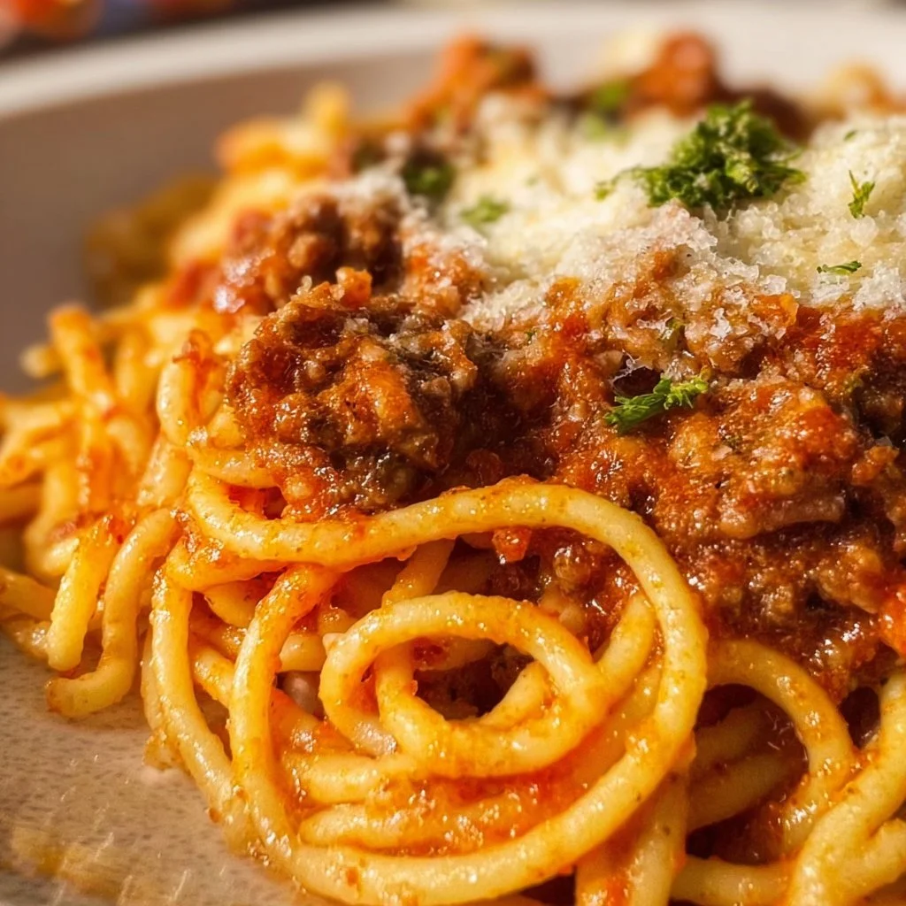 Delicious bowl of Crockpot Spaghetti with meat sauce and herbs