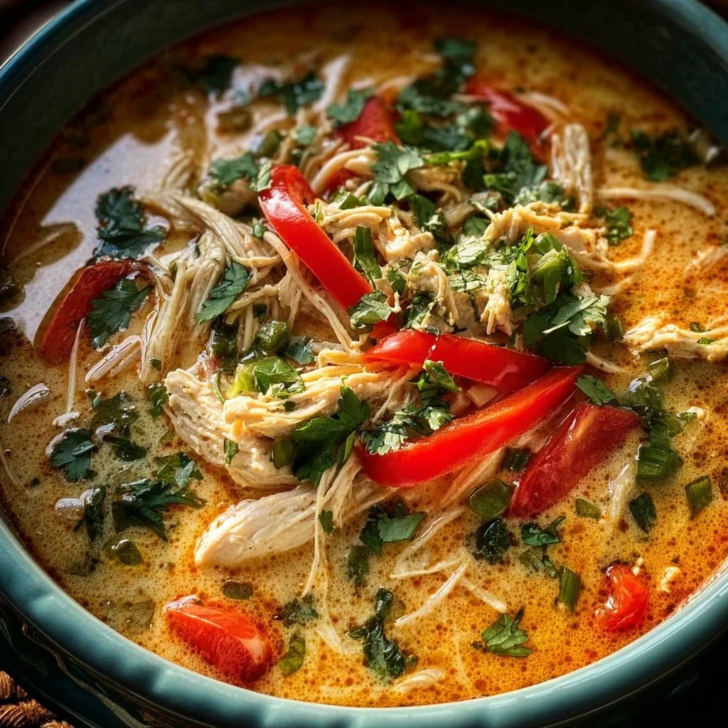 Delicious bowl of Crockpot Thai Coconut Chicken Soup garnished with herbs.