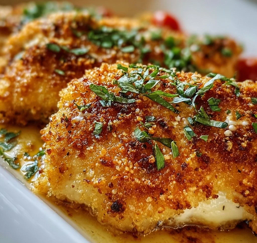 Crusted Chicken Romano dish with crispy cheese coating and herbs on a plate.