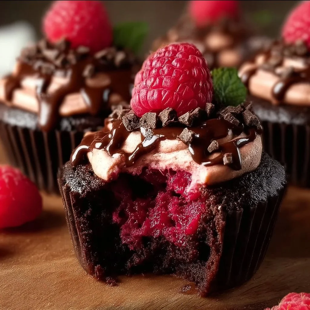 Decadent raspberry chocolate lava cupcakes with gooey centers