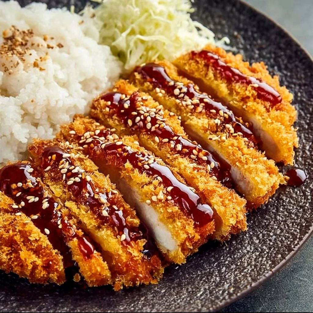 Crispy air fryer chicken katsu served with tonkatsu sauce on a plate